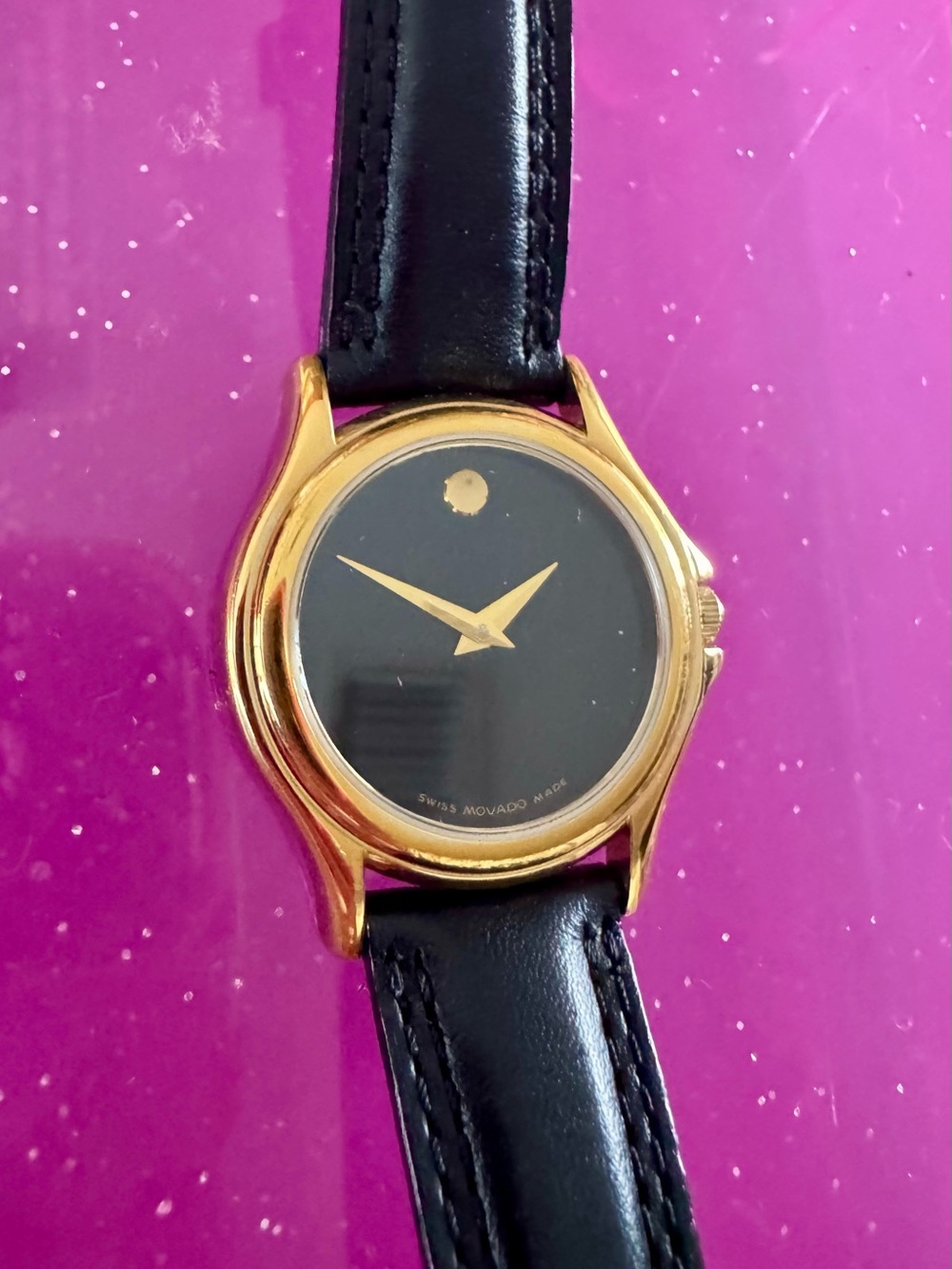 Movado Black Dial Gold Case Watch with Black Leather Strap